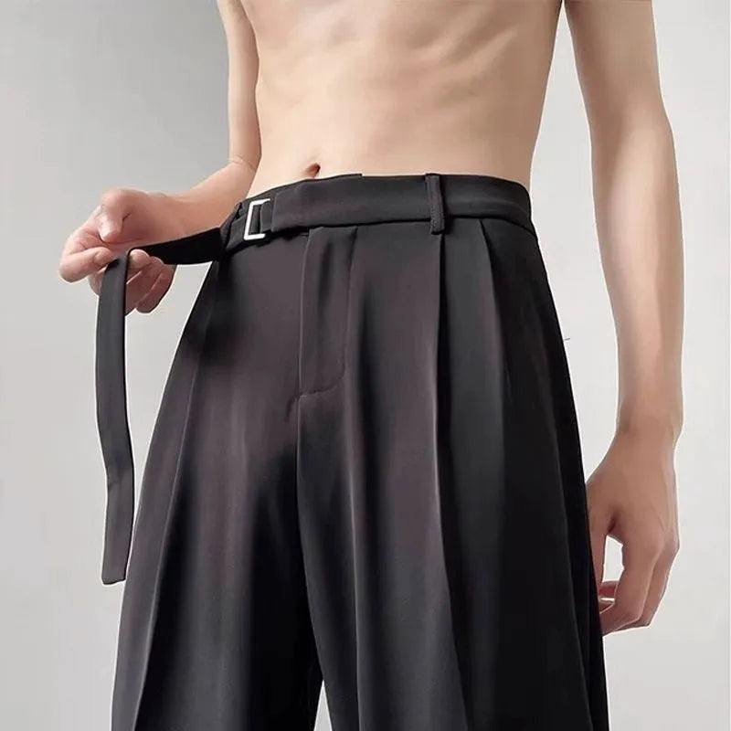 Black straight leg loose fit casual trousers with non-ironing chemical blend fabric