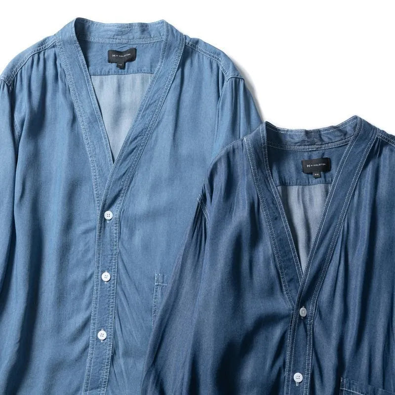 Men's loose V-neck denim coat with three-quarter sleeves in dark blue polyester