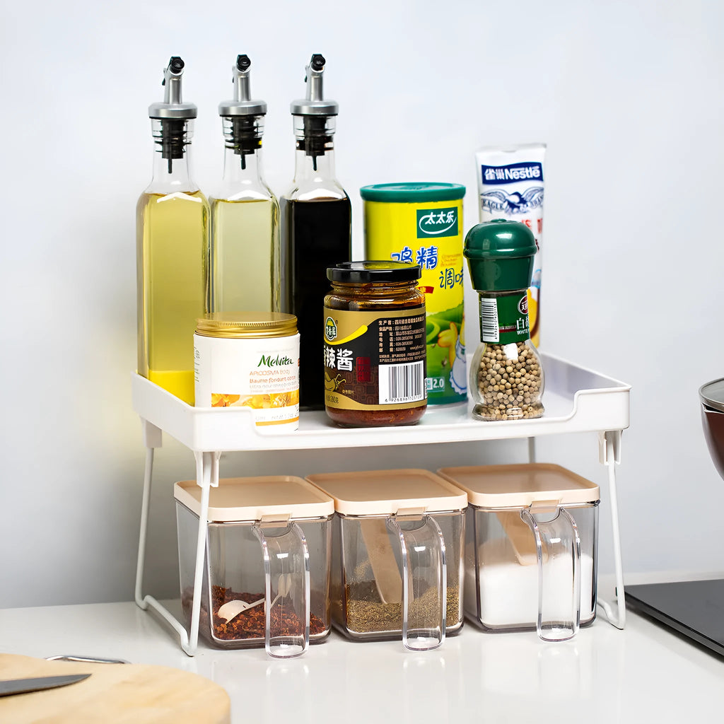 Plastic kitchen supplies rack organiser shelf in transparent and white options for countertop utensil storage