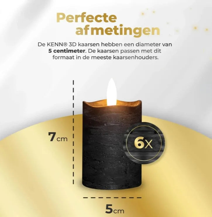 Four black S6 LED pillar candles arranged together, each measuring 5 cm wide by 7 cm tall