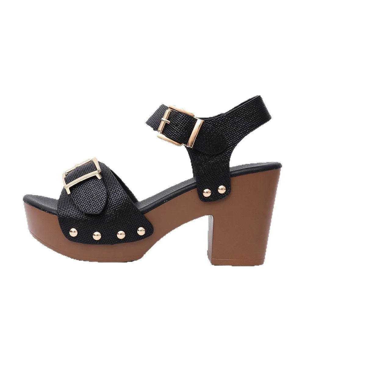 Plus size black PU leather high heel sandals with a buckle and rivet fastening and a fish mouth toe.