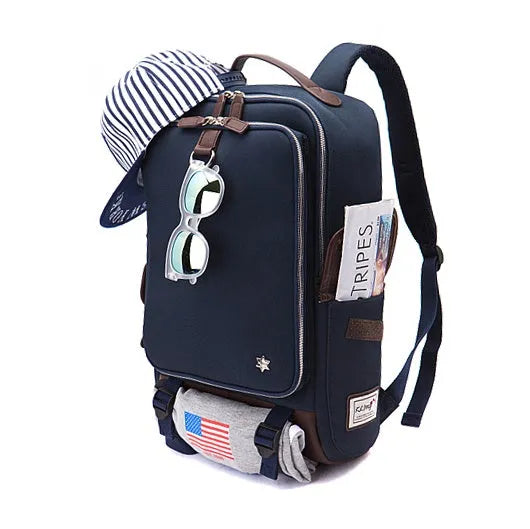 Large men's backpack in Oxford cloth, shown in grey, with dimensions 30cm by 16cm by 46cm.