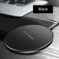 Ultra-thin black wireless fast charging pad measuring 98mm square with USB cable