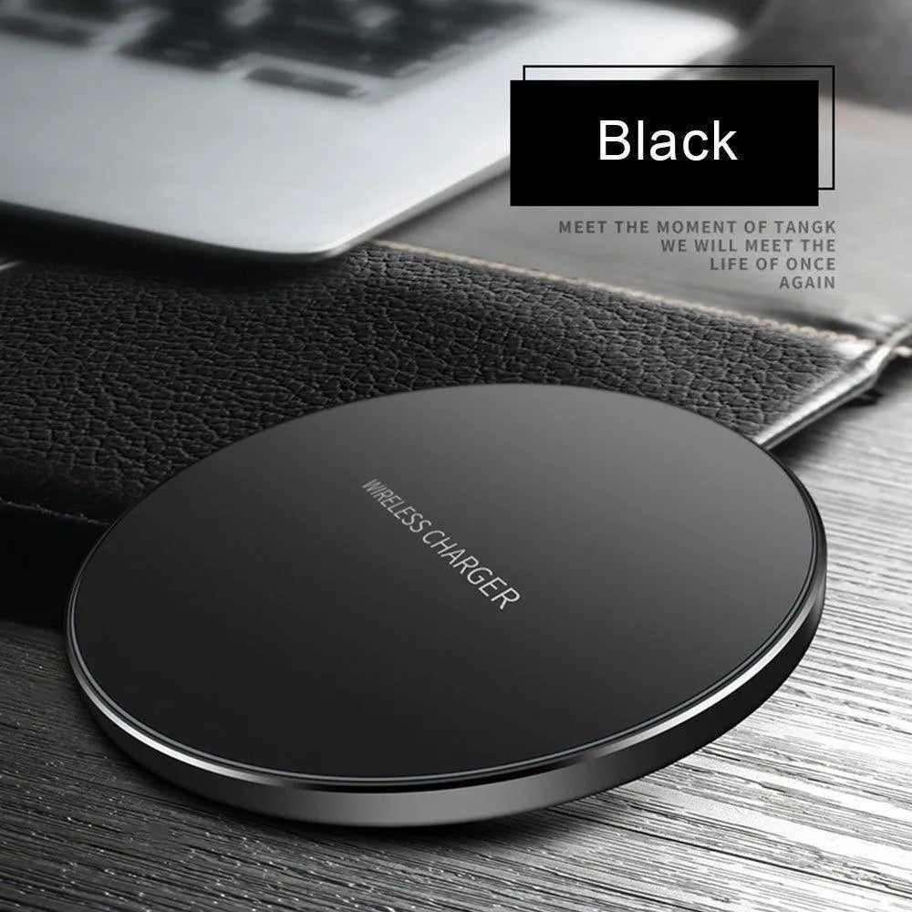 Ultra-thin black wireless fast charging pad measuring 98mm square with USB cable