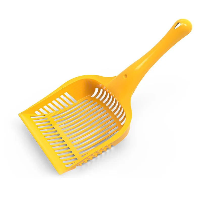 Red, yellow and blue plastic cat litter scoops in small and medium sizes for pet toilet cleaning