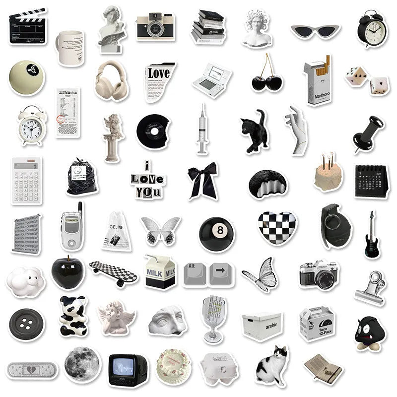61 black and white waterproof PVC stickers for laptops, phones and luggage