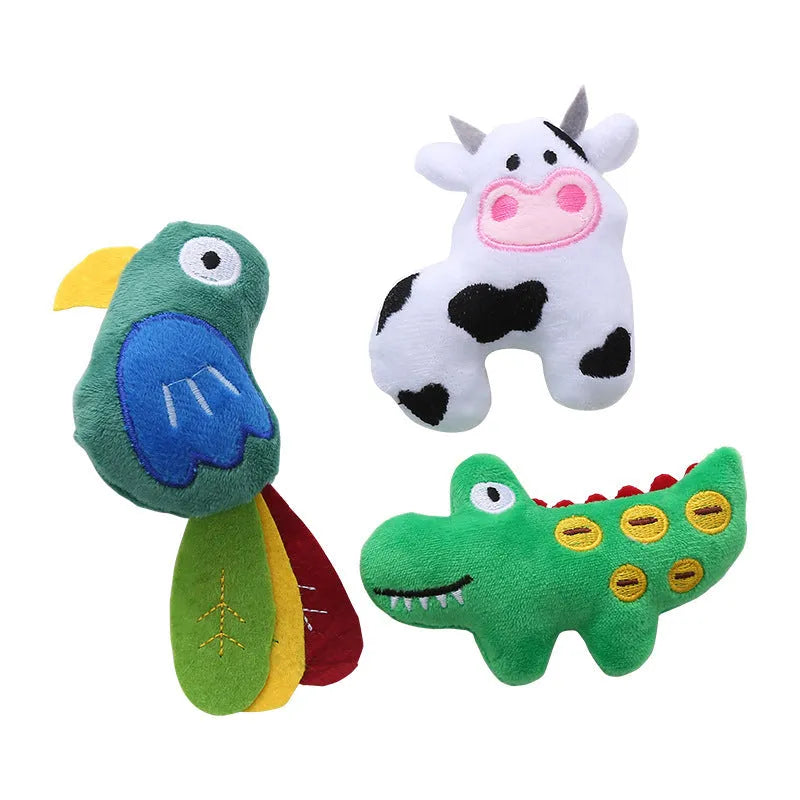 Plush cat toy in cow, crocodile or parrot shape with catnip filling for interactive play