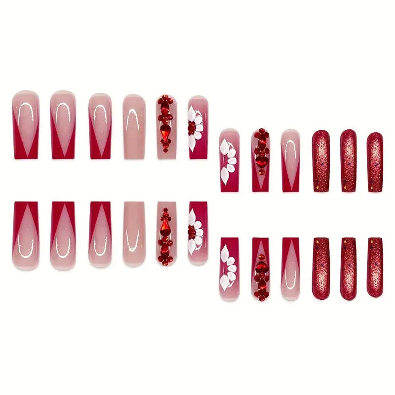 Artificial nails with floral patterns and red diamond designs in European square long style