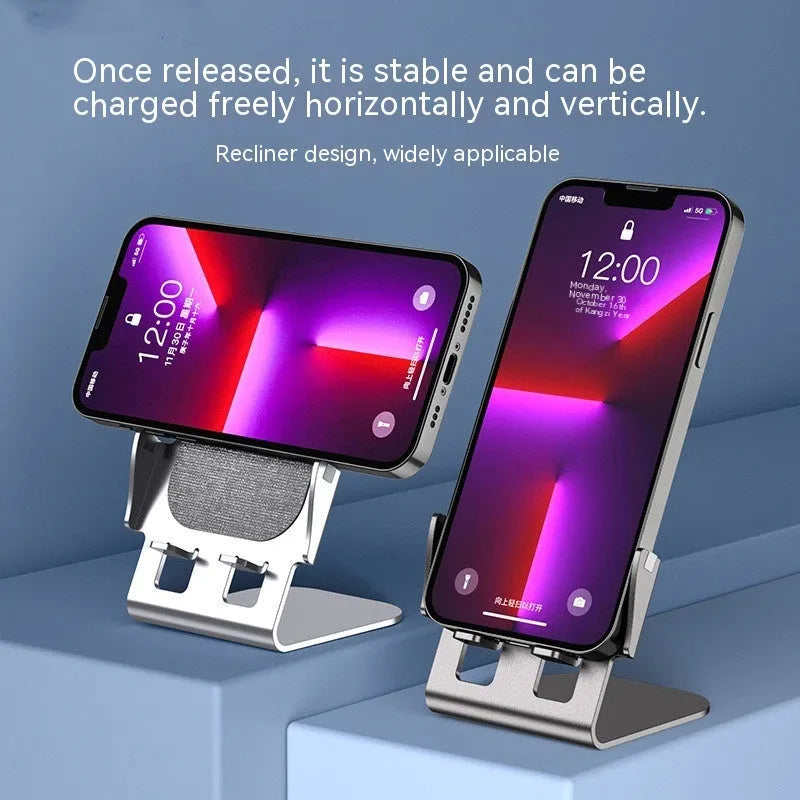Metal desktop stand wireless charger in silver finish with phone charging on desk