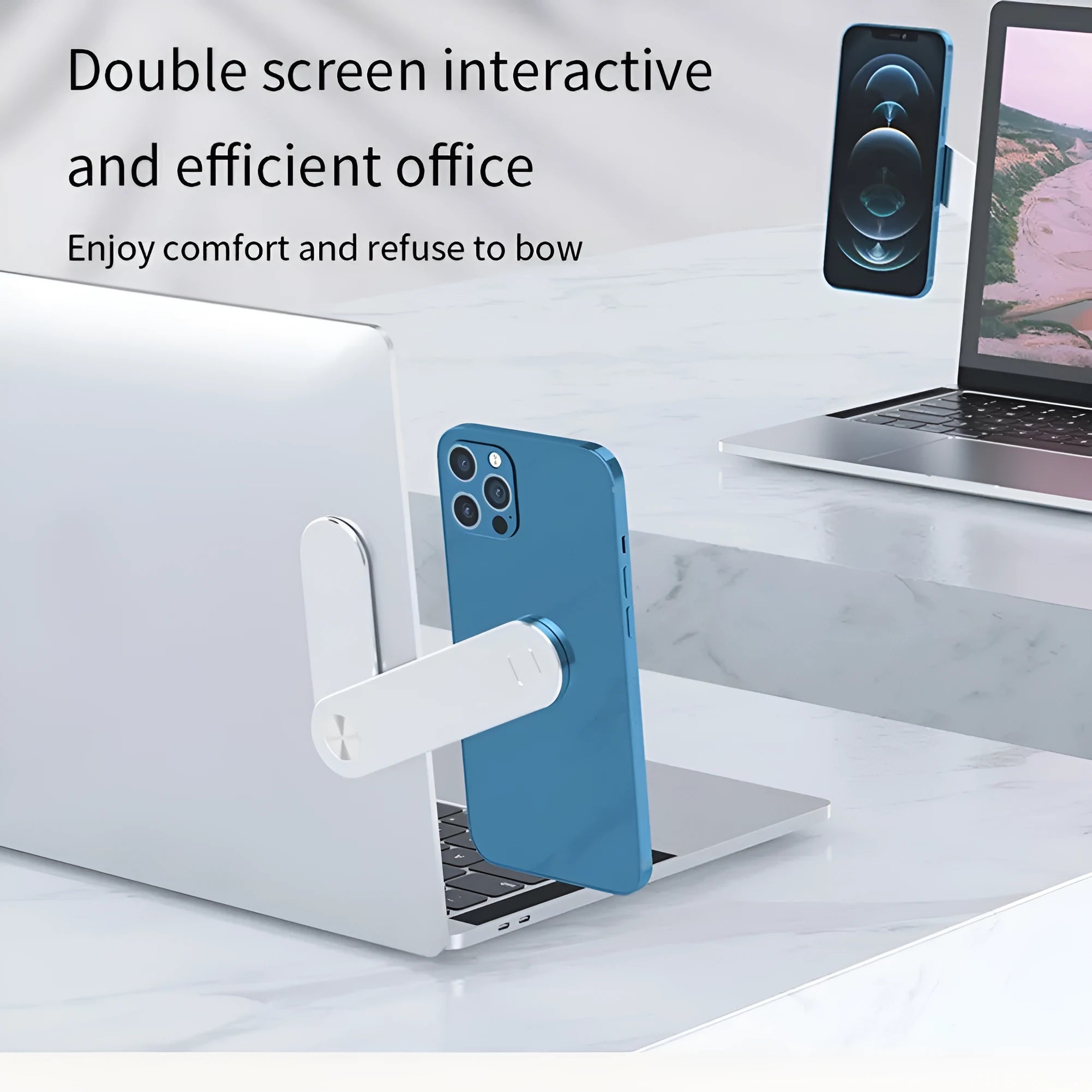 Black aluminium magnetic phone holder mounted on side of laptop screen with smartphone attached.