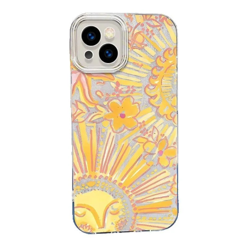 Silver Gray hard phone case with chain for iPhone showing feather yarn IMD-transparent Posey Sun design