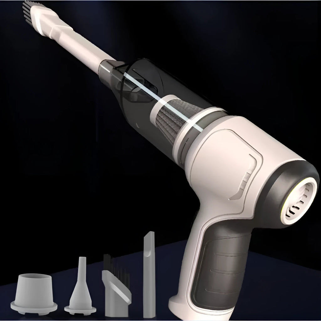 Wireless handheld car and pet vacuum cleaner in gold colour with USB charging cable
