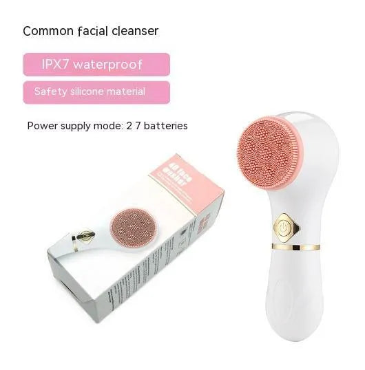 White electric facial cleanser with vibration for pore cleaning, battery operated, compact size, USB option