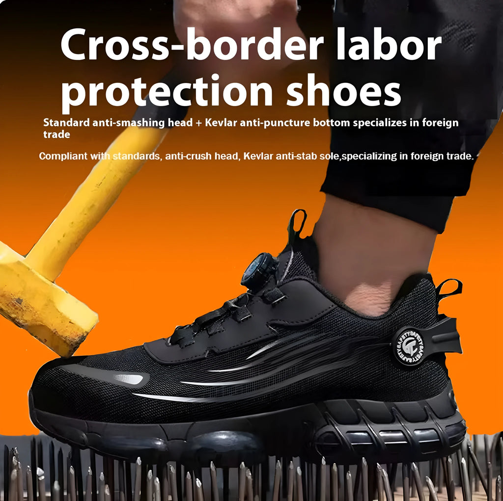 Men's black safety shoes with steel toe cap, flyknit upper, TPU sole, anti-slip workwear