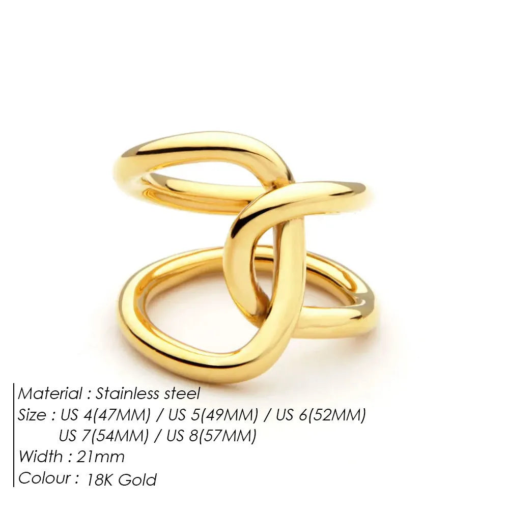 Adjustable stainless steel ring with knot design in U-shape, available in gold or steel colour