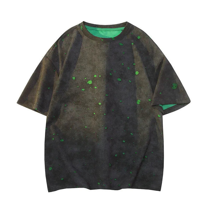 Men's loose fit ripped short sleeve t-shirt in khaki, dark green, black or grey with round neck collar