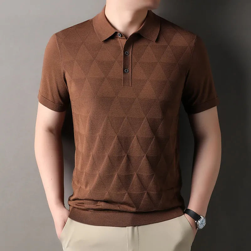 Men's short sleeve ice silk T-shirt in grey, showing regular fit and thin fabric.