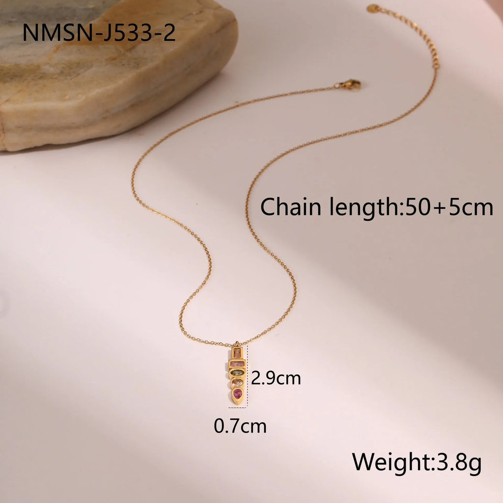 Geometric colour zircon gold-plated necklace, ring, and earrings set on 18K stainless steel.