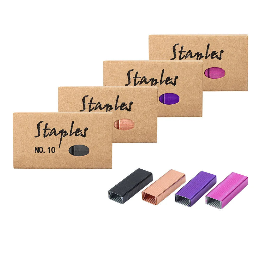 Box of 1000 metal stitching needle staples in four colour options: black, purple, rose gold and rose red