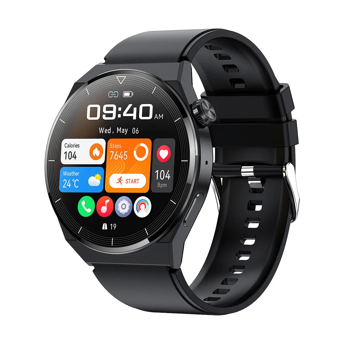 Round Android smart watch with black silicone strap showing Bluetooth and NFC functions