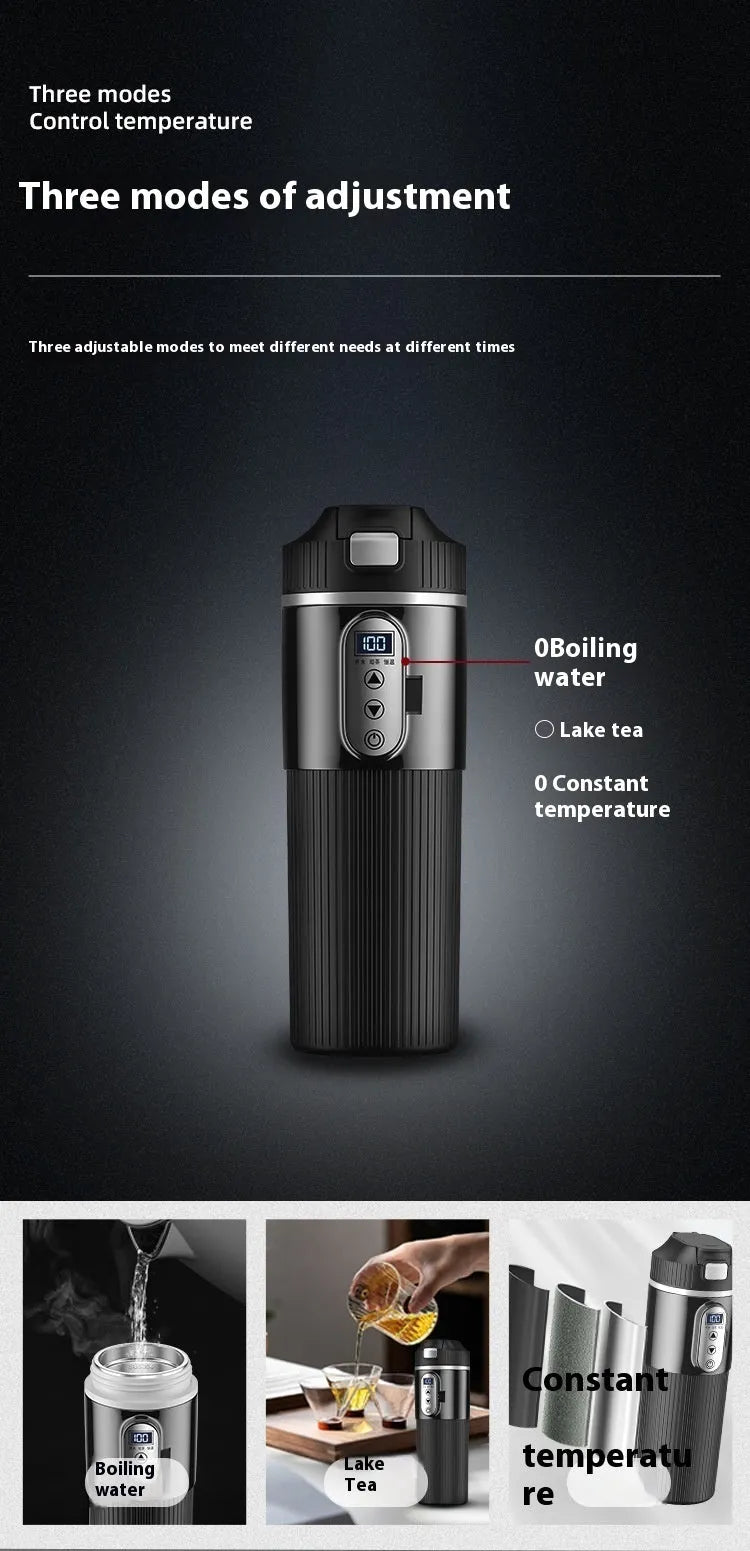 Smart car water boiling cup in black or white, stainless steel vacuum insulating cup, vertical pattern version, 70W