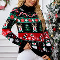 Women's black Christmas sweater with contrast animal pattern, slim-fit turtleneck pullover in acrylic fabric