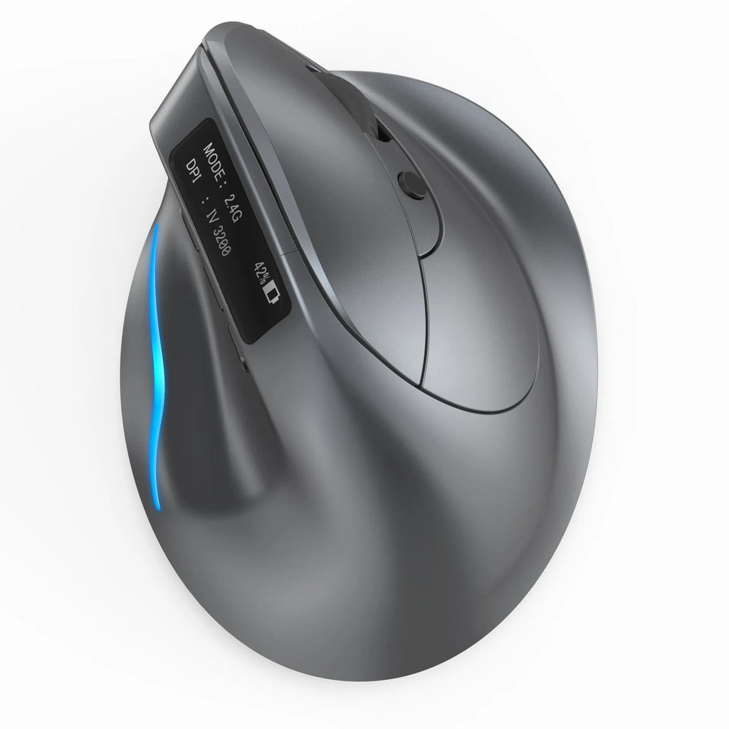Grey vertical wireless mouse with self-charging system and Bluetooth connectivity