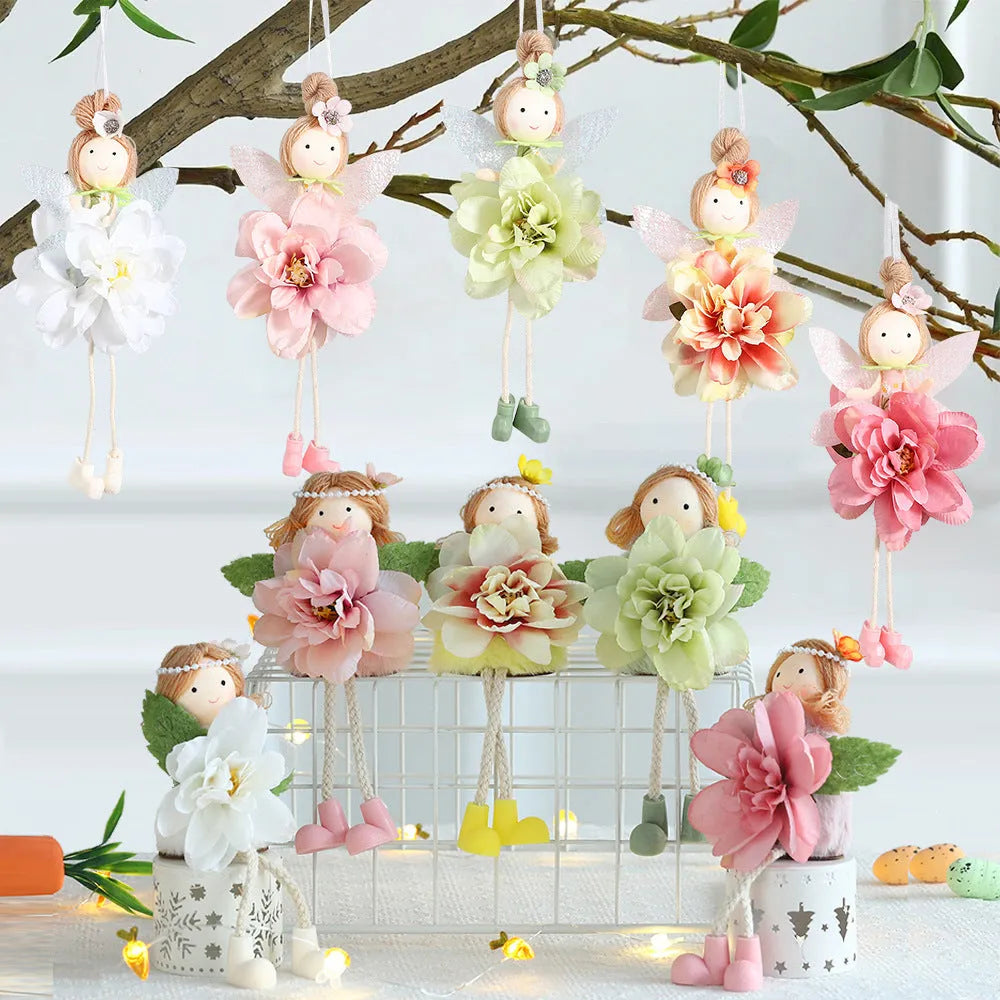 Cloth elf angel pendant with floral design in pink, green and yellow Easter colours