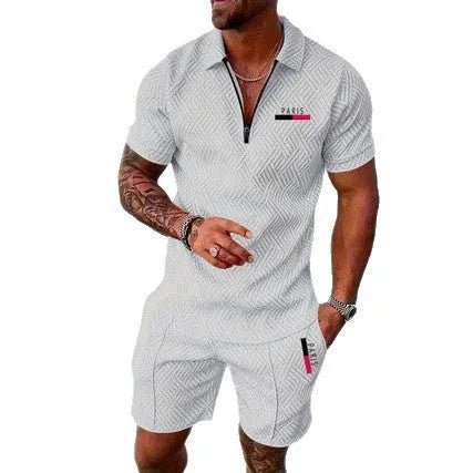 Men's retro plaid beach suit with PARIS heat transfer patch, short-sleeve T-shirt and shorts set in nine colours