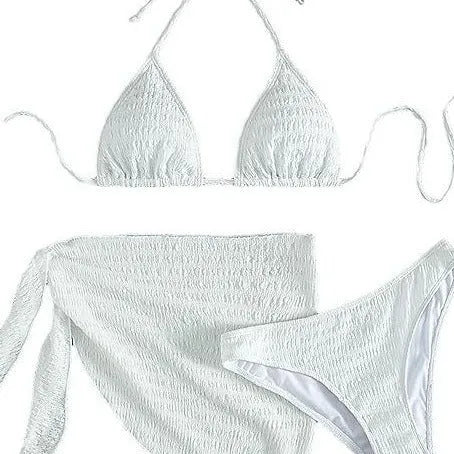 White lace-up split three-piece bikini swimsuit set for women in spandex