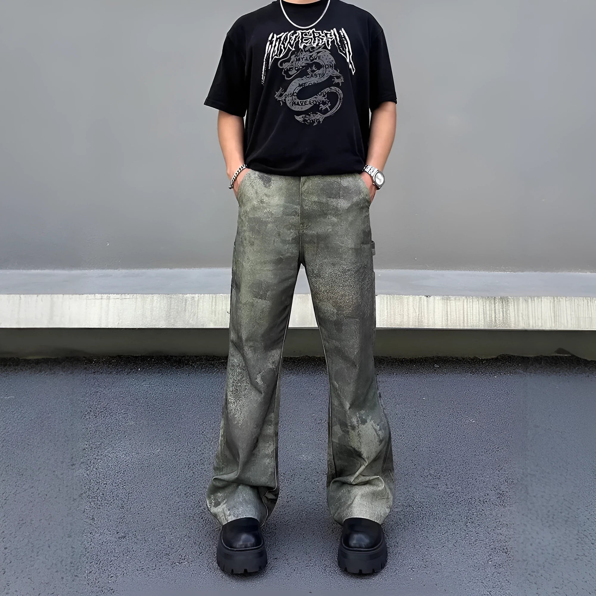 Men's straight leg camouflage jeans with digital printing in picture colour finish