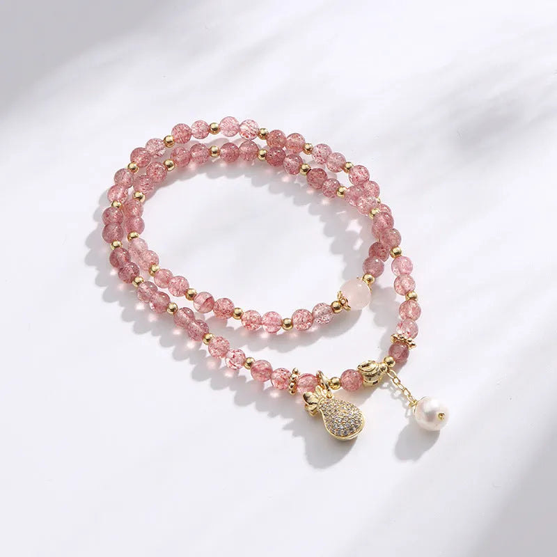 Strawberry quartz crystal bracelet with geometric beads and silver-plated components for women