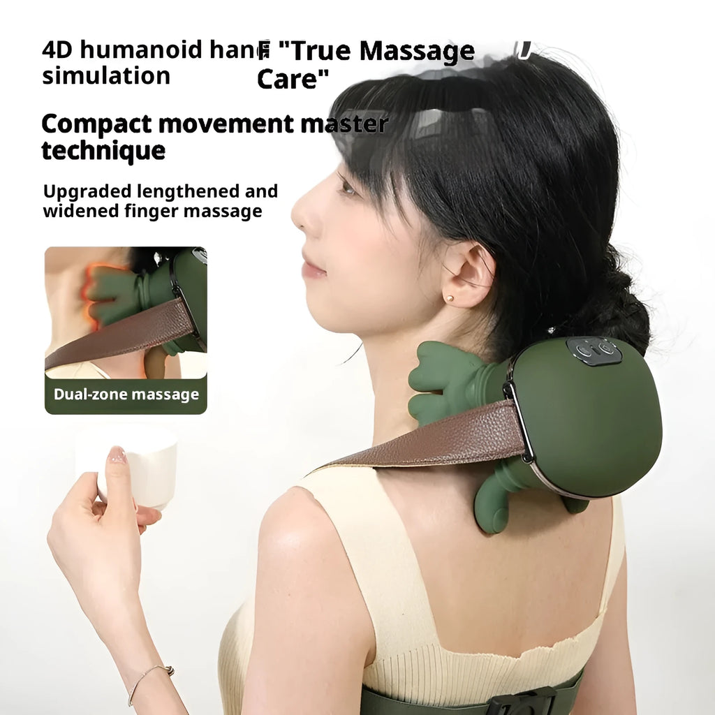 Rechargeable neck and shoulder massager in green or white, 14.5x12x11cm, with multi-mode and temperature adjustment