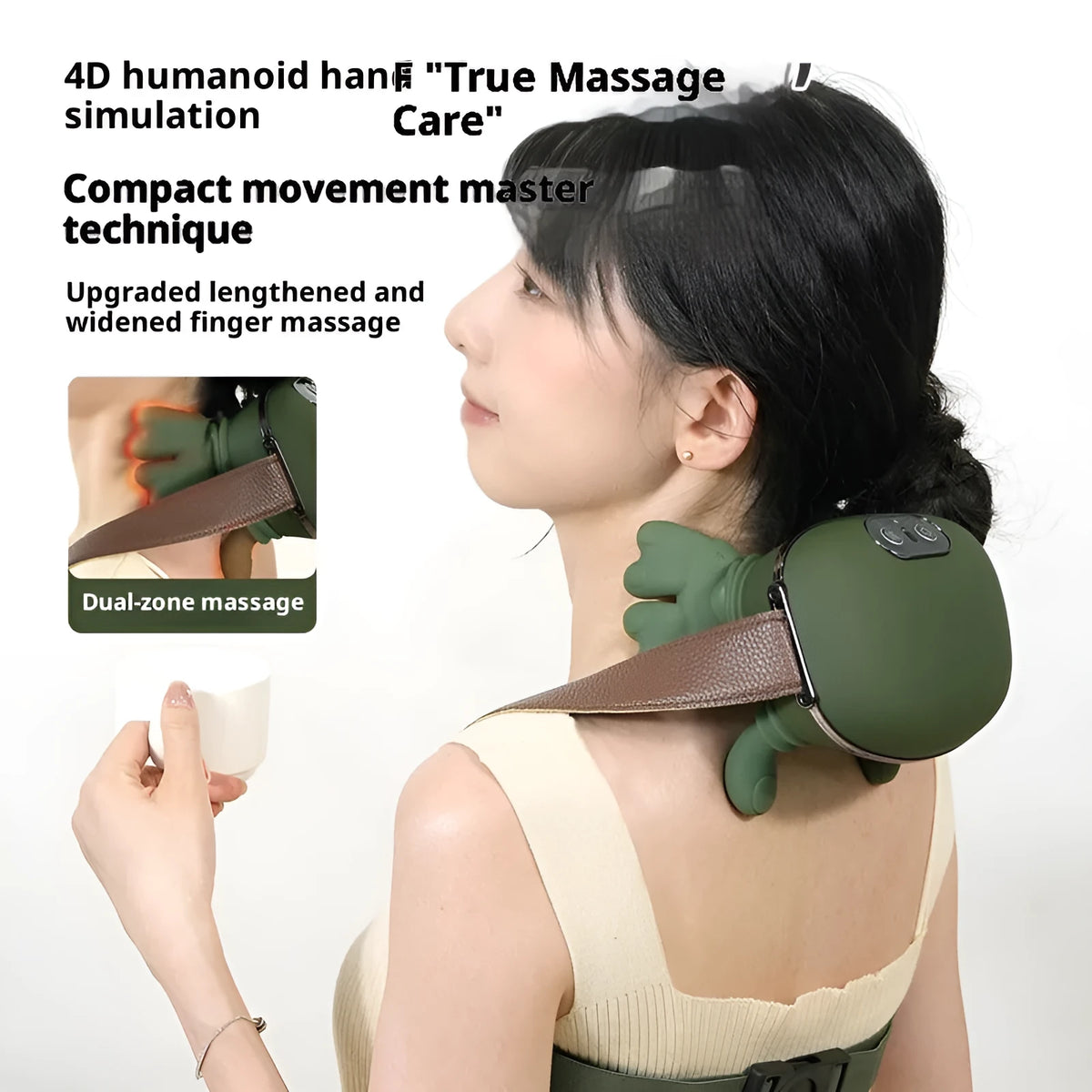 Rechargeable neck and shoulder massager in green or white, 14.5x12x11cm, with multi-mode and temperature adjustment