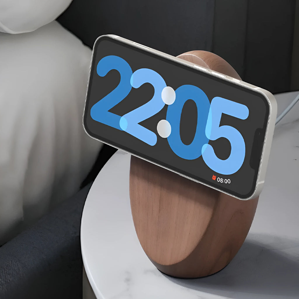 Creative Magsafe magnetic phone holder wireless charger in walnut resin colour on desk, 15.5cm length