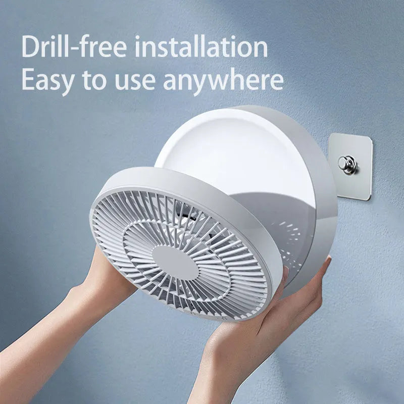 White remote control rechargeable USB folding fan with night light on desk