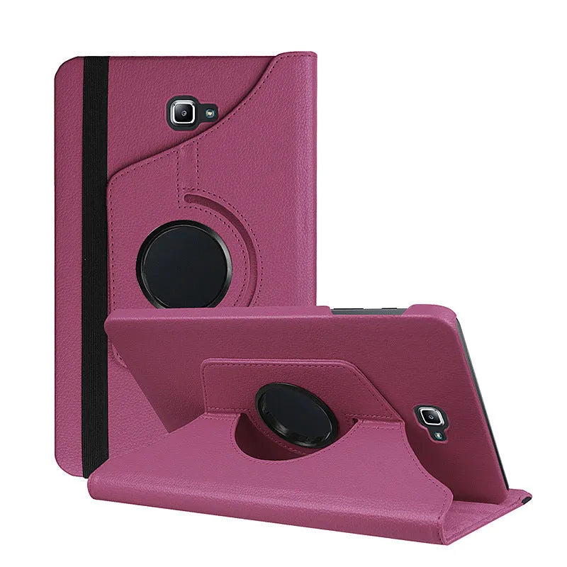 Rotating leather clamshell case for iPad 1 tablet in multiple colour options on a desk.