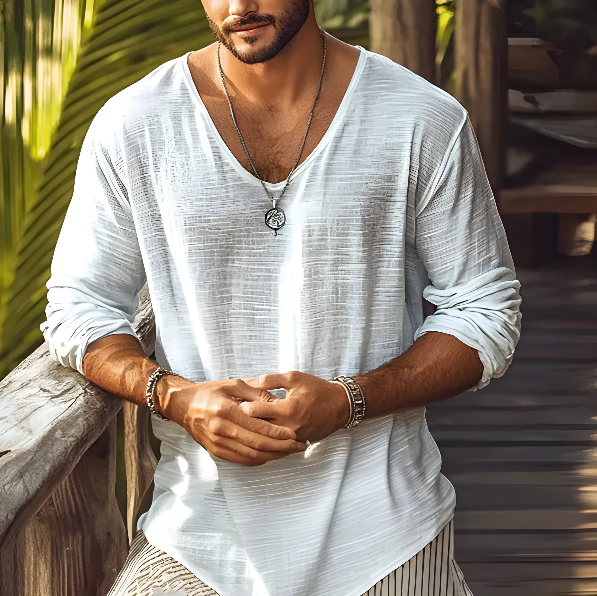 Beige men's V-neck long-sleeved slim fit T-shirt made from hemp blend fabric