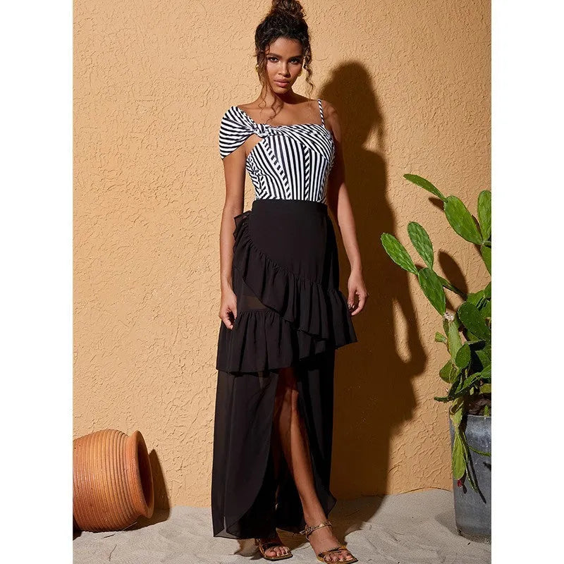 Women's ruffled one-piece swimsuit in striped pattern or black skirt design