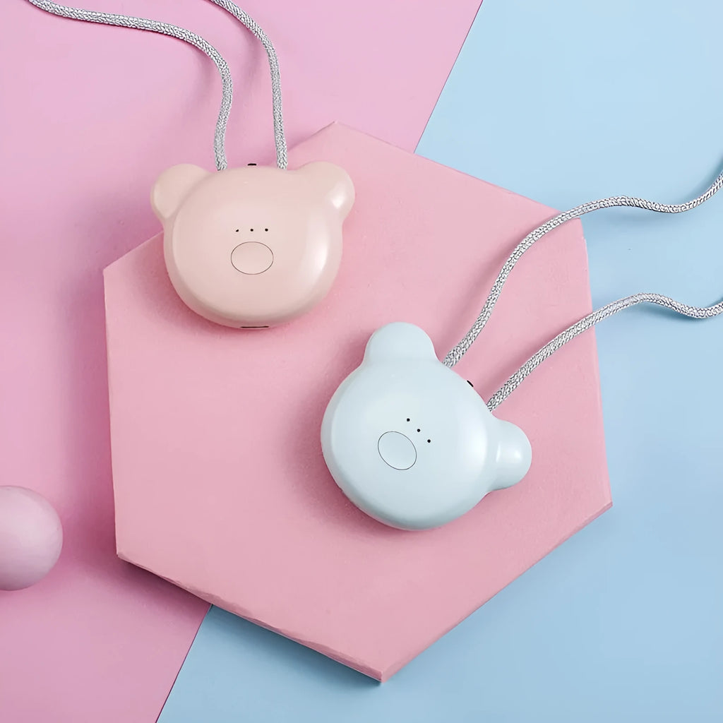USB rechargeable mini air purifier necklace in blue, showing compact design worn around neck.