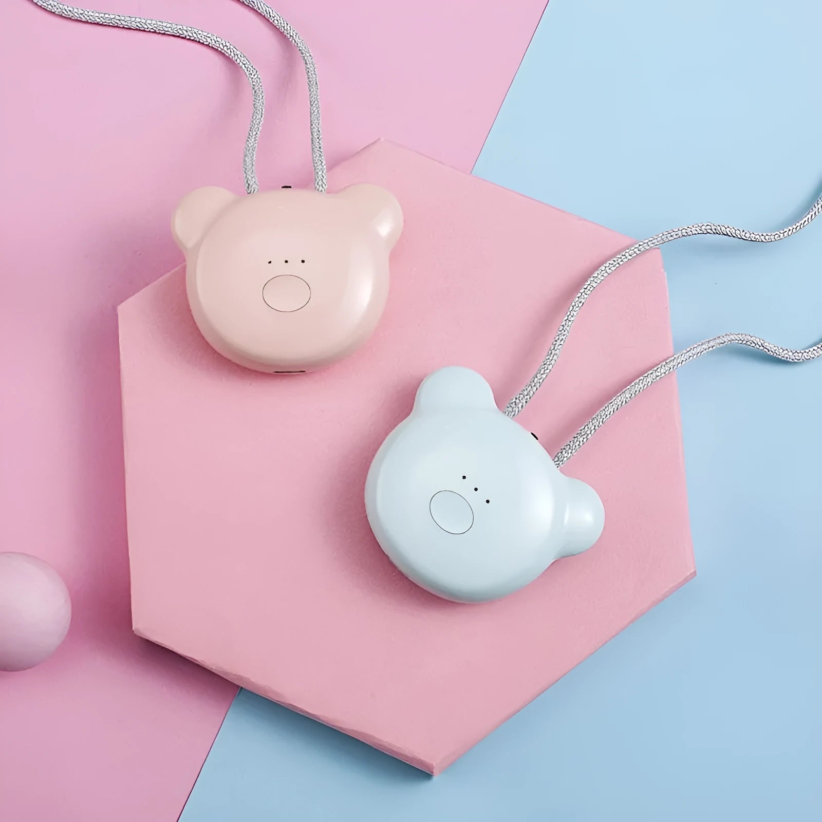 USB rechargeable mini air purifier necklace in blue, showing compact design worn around neck.