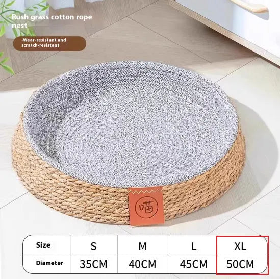 A woven rattan cat nest pet bed, shown in an open cage design suitable for small to extra large cats.
