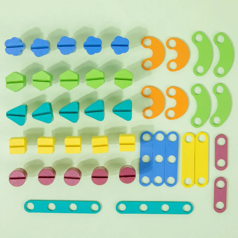 Children wooden twist screws changeable shape matching puzzle with colourful pieces on a white background