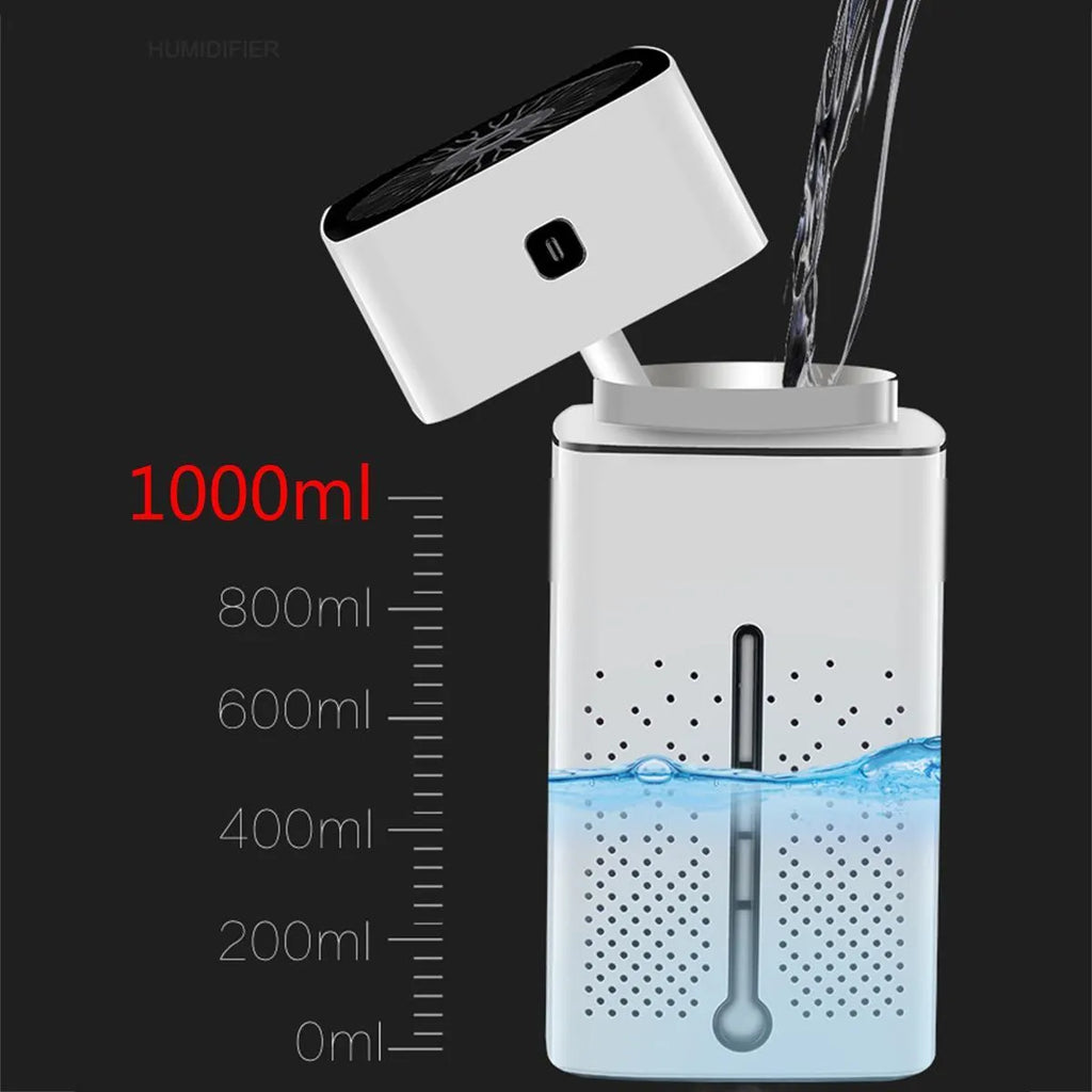 Black or white desktop humidifier with USB power and 1000ml water capacity for home office use