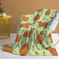 Multicolored flannel blanket with bird and capybara combined pattern on a sofa