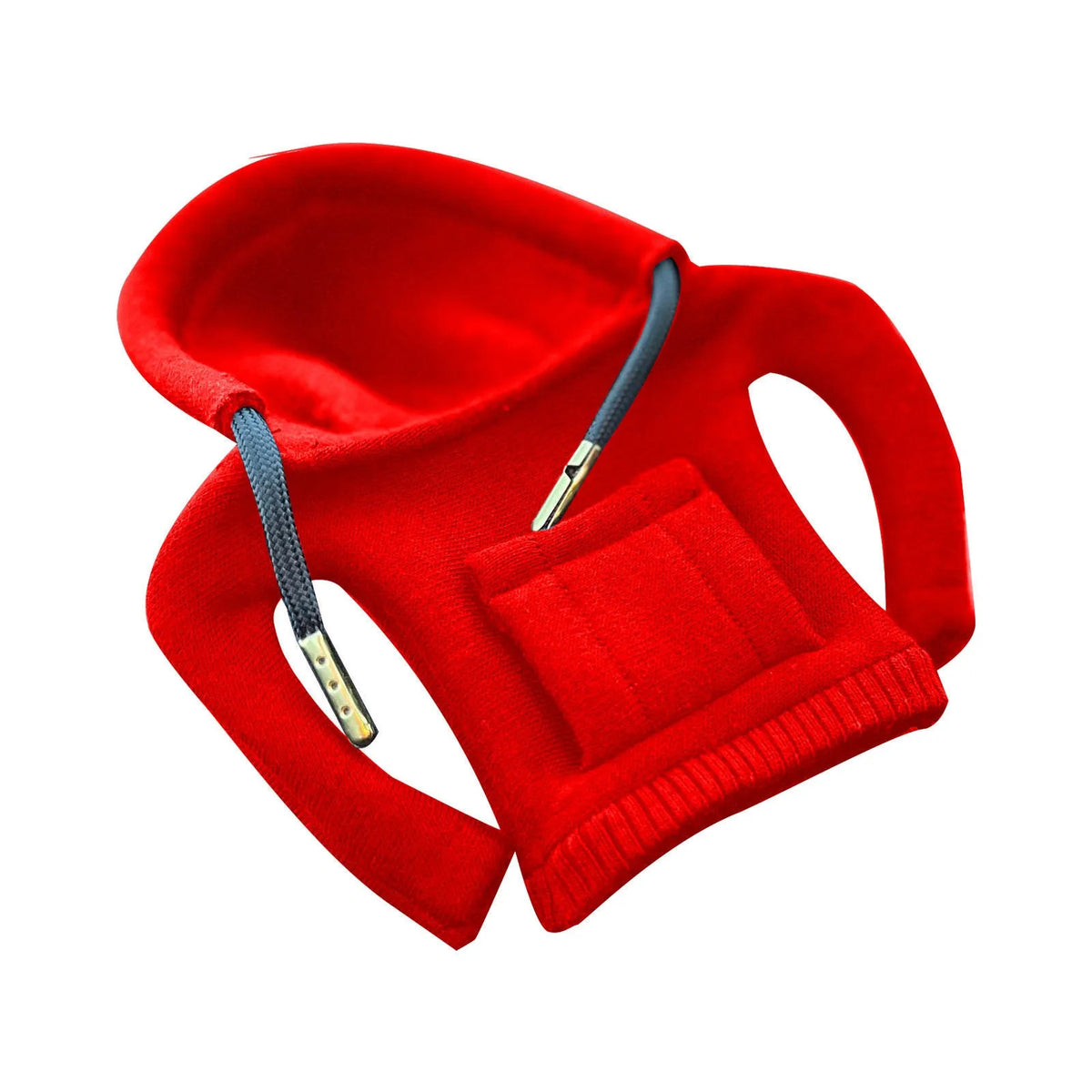Universal cotton gear knob cover hoodie in blue with adjustable drawstring on a car shift knob