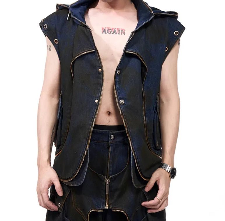 Blue hooded denim vest coat with matching trousers, men's Korean-style outfit set