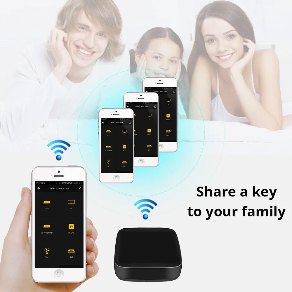 Black universal infrared remote control with voice command functionality and WiFi connectivity