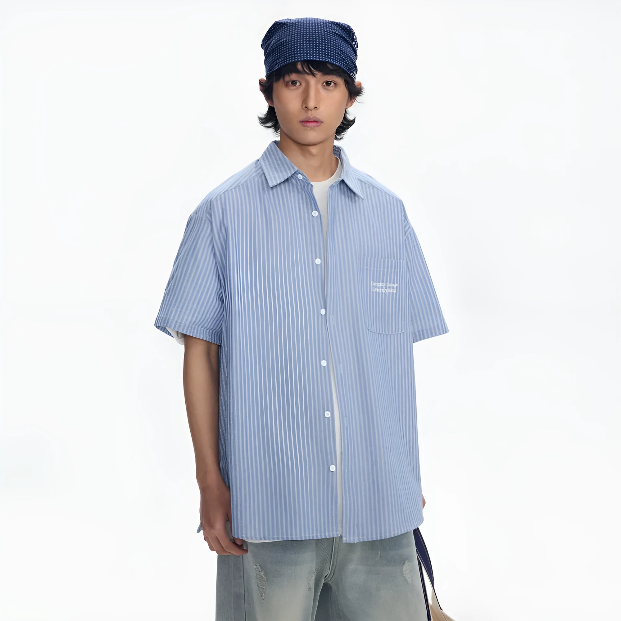 Blue striped short-sleeved shirt overalls with cardigan style on mannequin