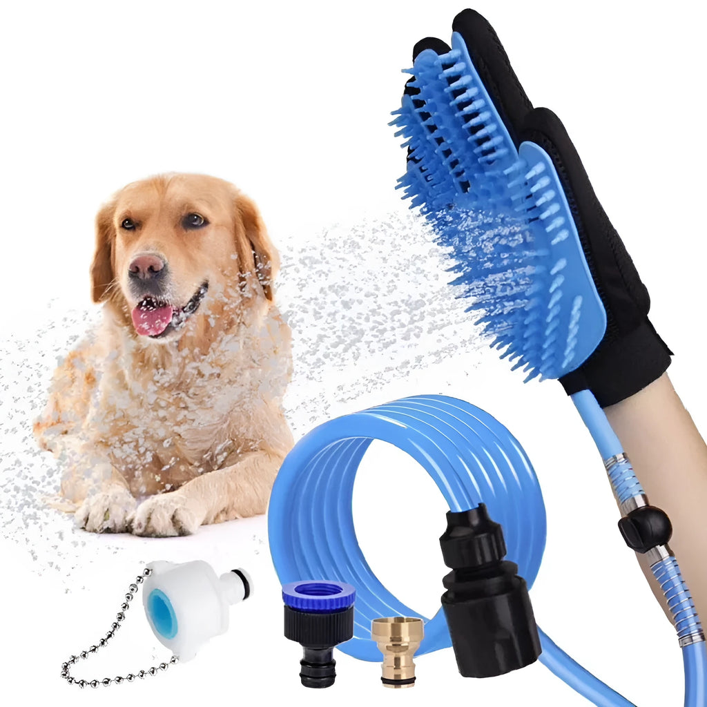 Blue handheld pet shower head with silicone massage glove, 7.5 ft hose and two faucet adapters for dog and cat bathing